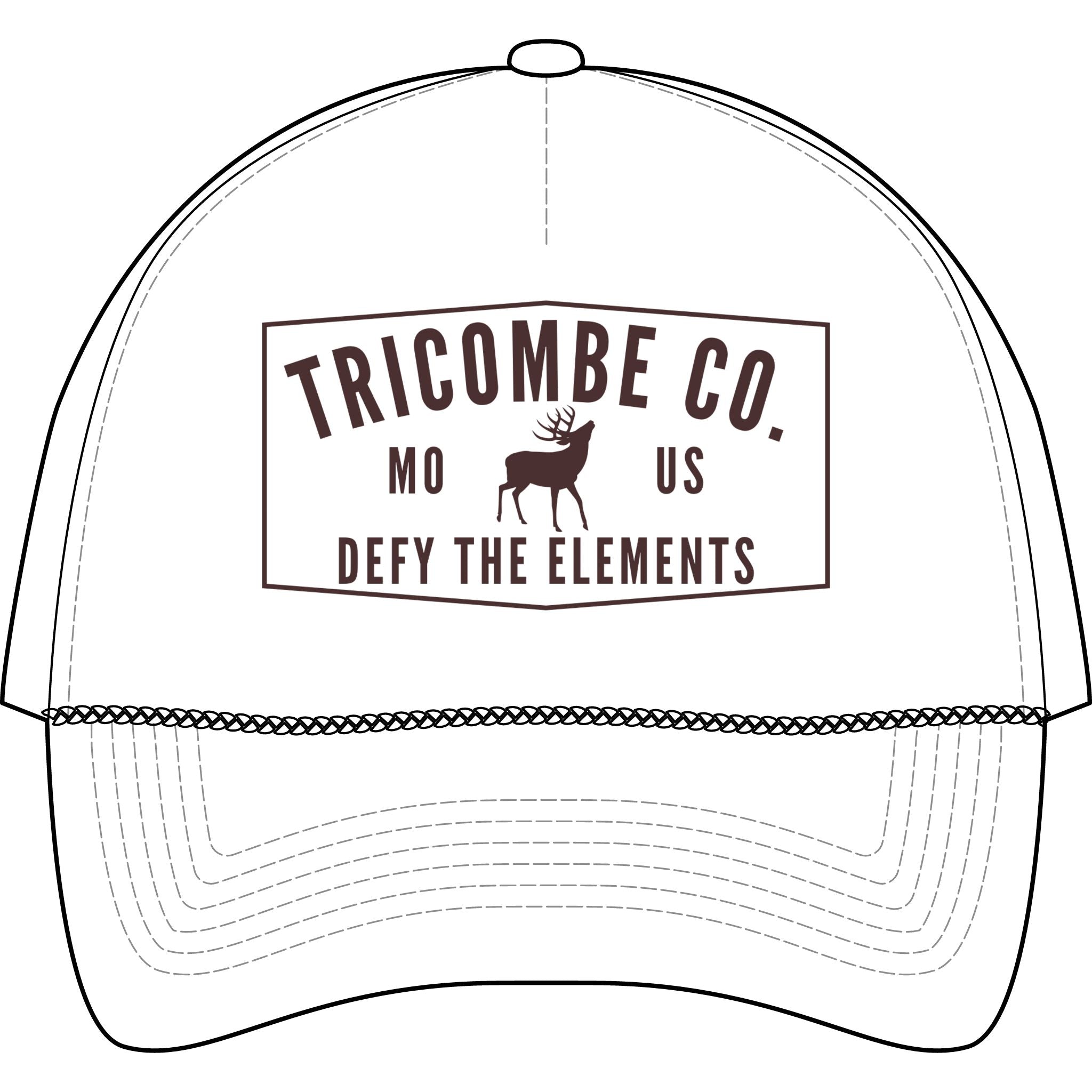 Trucker hat with 'Tricombe Co.' logo and text on a white background