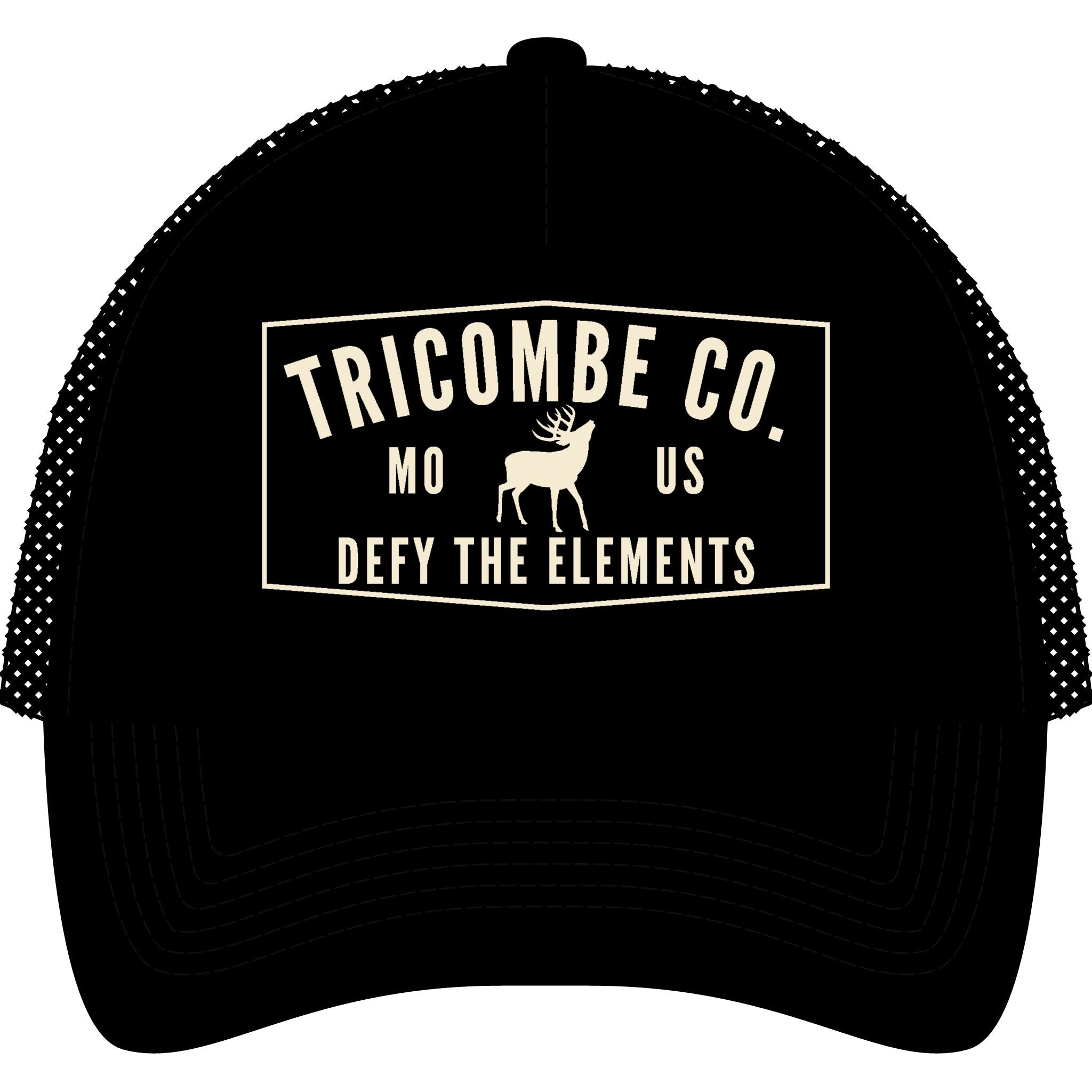 Black mesh cap with white text and logo on a white background
